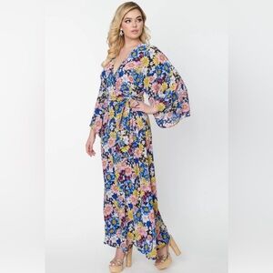 Unique Vintage Black & Blue Floral Wrap Maxi Dress - XL/14